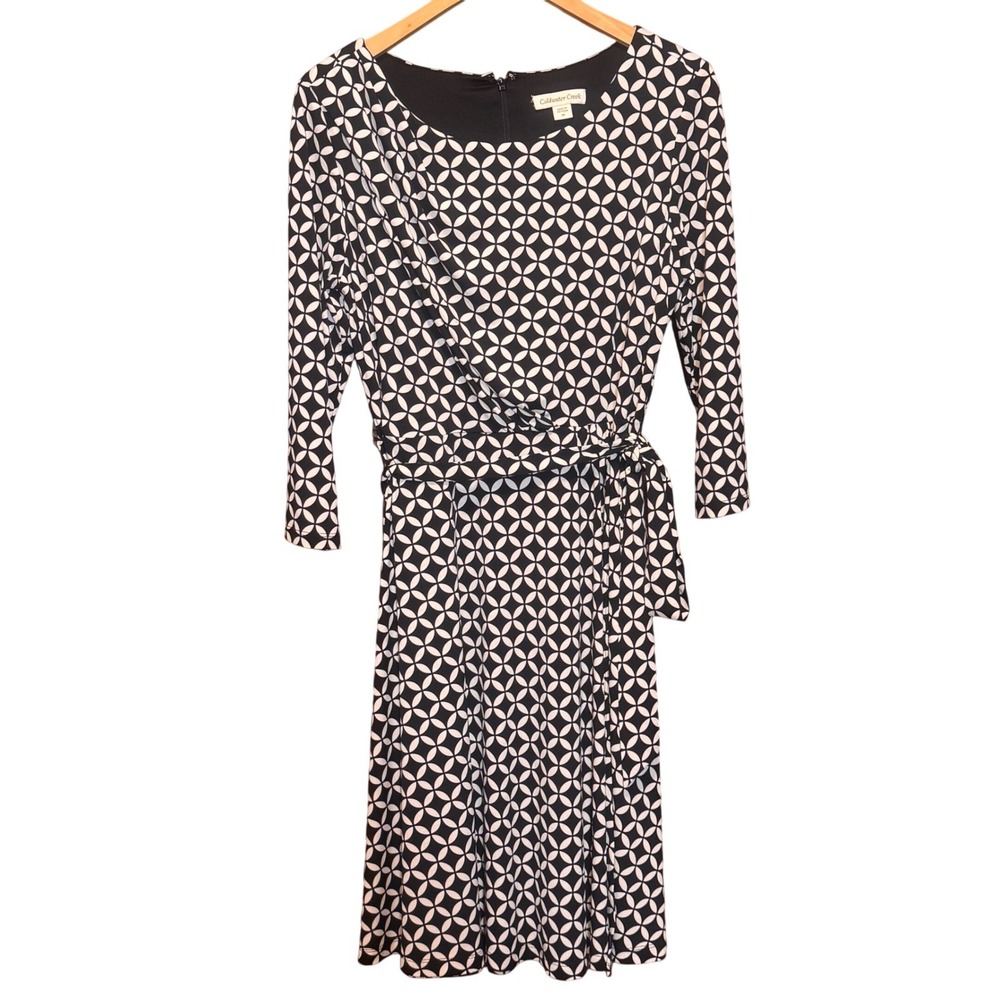 Coldwater Creek Womens Black White Geometric Faux Wrap Dress 3/4 Sleeve Size 14
